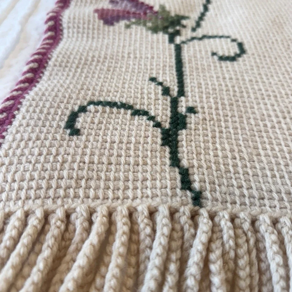 VTG Handmade Afghan Throw Blanket Cross Stitch Floral Cottage Granny 46 x 62